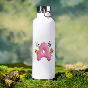 Cute Forest Animals Pink Balloon Letter A Kids Water Bottle