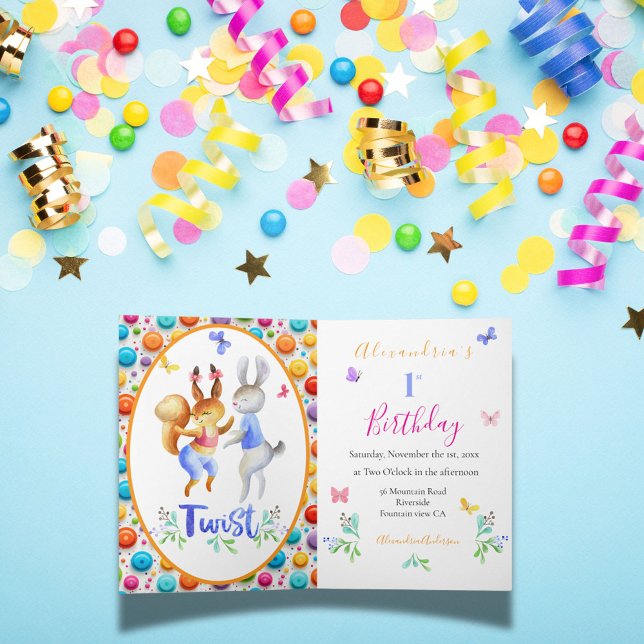 Cute Forest Animals Rabbits 1st Birthday Polka Dot Invitation (Creator Uploaded)