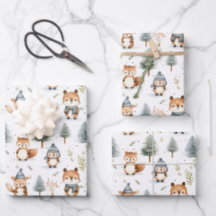 Cute Forest Animals Squirrels in Winter Wrapping Paper Sheet