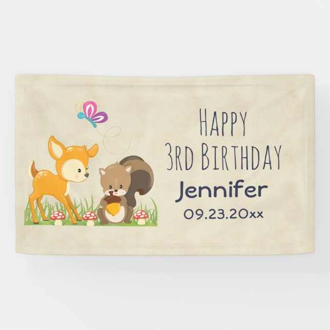 Cute Forest Animals Whimsical Cartoon Birthday Banner (Horizontal)