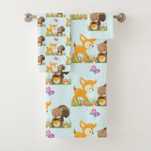 Cute Forest Animals Whimsical Cartoon Pattern Bath Towel Set