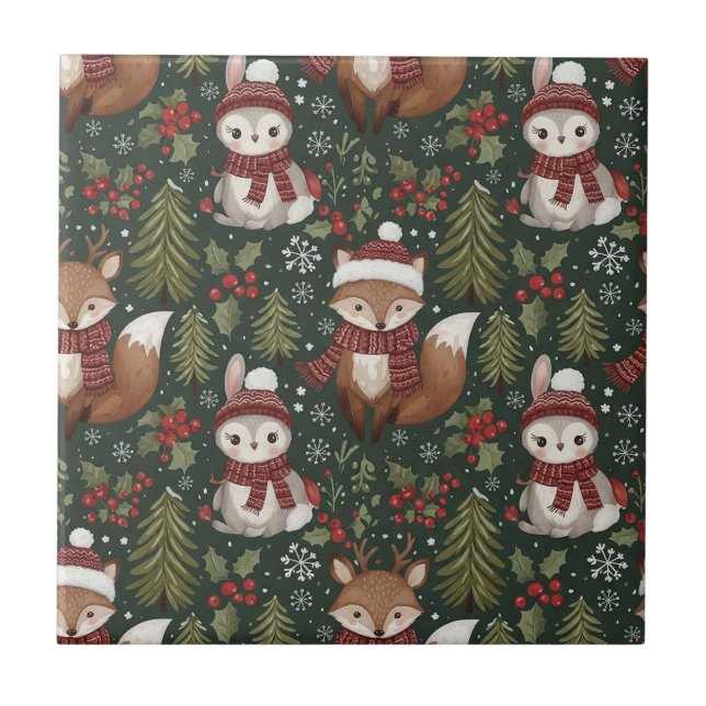 Cute Forest Animals Winter Pattern Ceramic Tile (Front)