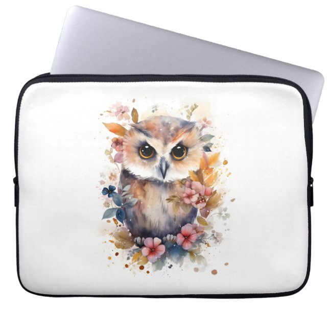 Cute Forest Baby Owl with Flowers for Nursery Laptop Sleeve (Front)