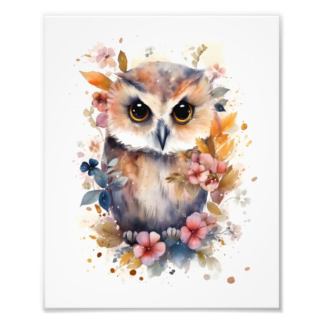 Cute Forest Baby Owl with Flowers for Nursery Photo Print (Front)
