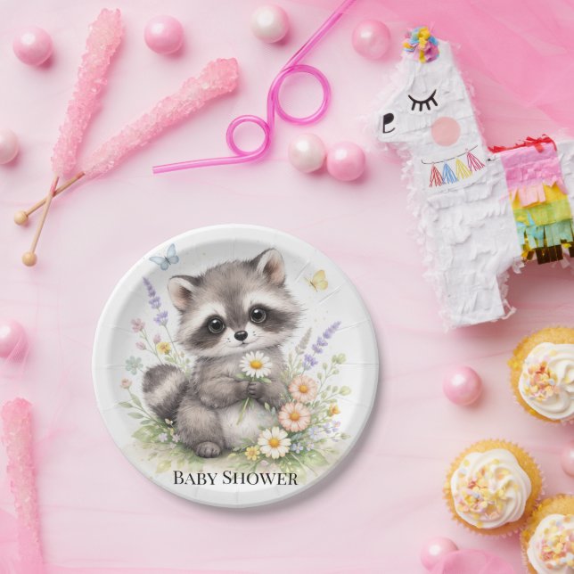 Cute Forest Baby Raccoon Baby Shower  Paper Plate (Party)