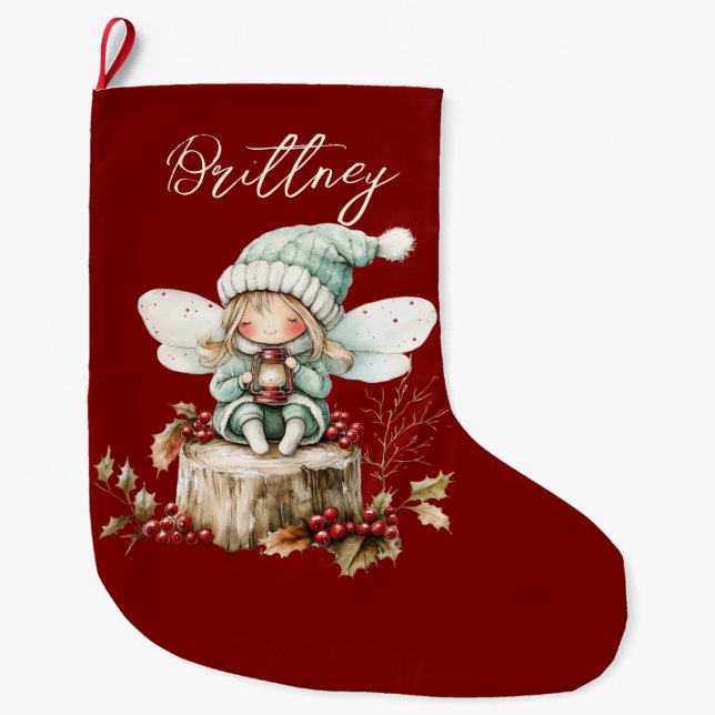 Cute Forest Christmas Fairy Large Christmas Stocking (Front)