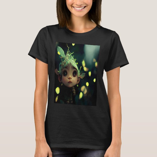 Cute Forest Fairy Elf in a Green Bioluminescent Fo T-Shirt (Front)