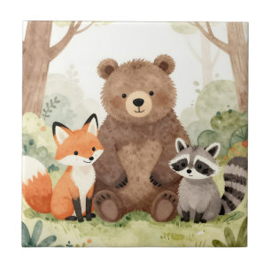 Cute Forest Friends Bear Fox Raccoon Watercolor Ceramic Tile