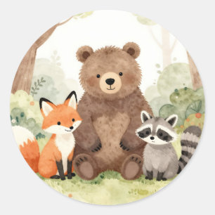 Cute Forest Friends Bear Fox Raccoon Watercolor Classic Round Sticker