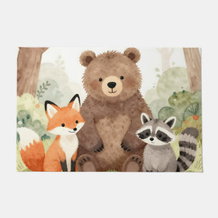 Cute Forest Friends Bear Fox Raccoon Watercolor Doormat