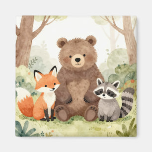 Cute Forest Friends Bear Fox Raccoon Watercolor Magnet