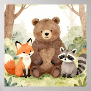 Cute Forest Friends Bear Fox Raccoon Watercolor Poster