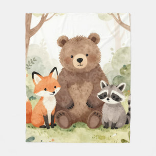 Cute Forest Friends Bear Fox Racoon Watercolor Fleece Blanket