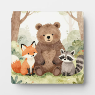 Cute Forest Friends Bear Fox Racoon Watercolor Plaque