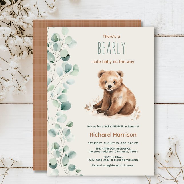 Cute forest leaves bear baby shower invitation (Watercolor bear sage green beige eucalyptus Minimalistic watercolor gender neutral baby shower)