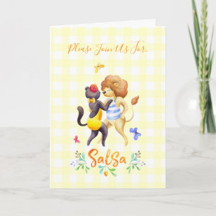 Cute Forest Lions Dancing Salsa Yellow Gingham Invitation