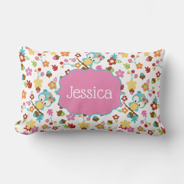 Cute Forest Owl Flowers Girls Personalised Name Lumbar Cushion (Front)