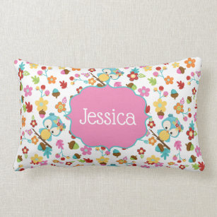 Cute Forest Owl Flowers Girls Personalised Name Lumbar Cushion