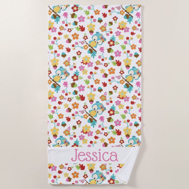 Cute Forest Owl Kawaii Girls Personalised Name Beach Towel (Front)