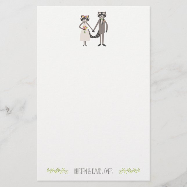 Cute Forest Raccoons Rustic Wedding Personalised Stationery (Front)