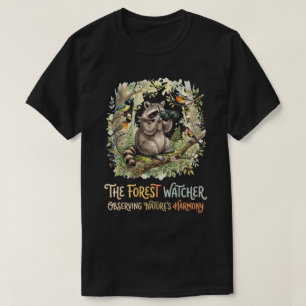 Cute Forest Racoon Birdwatching Illustration T-Shirt