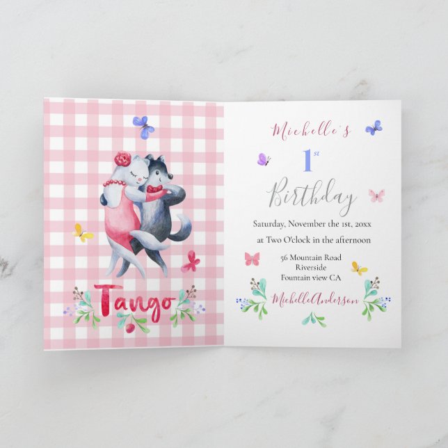 Cute Forest Wolves Tango 1st Birthday Dance Theme Invitation (Inside)