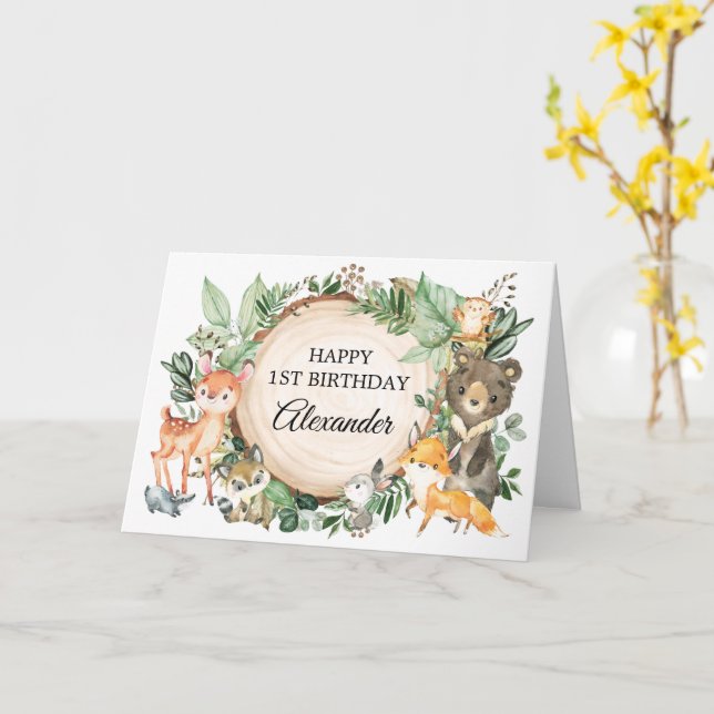 Cute Forest Woodland Animals Happy Birthday Card (Yellow Flower)