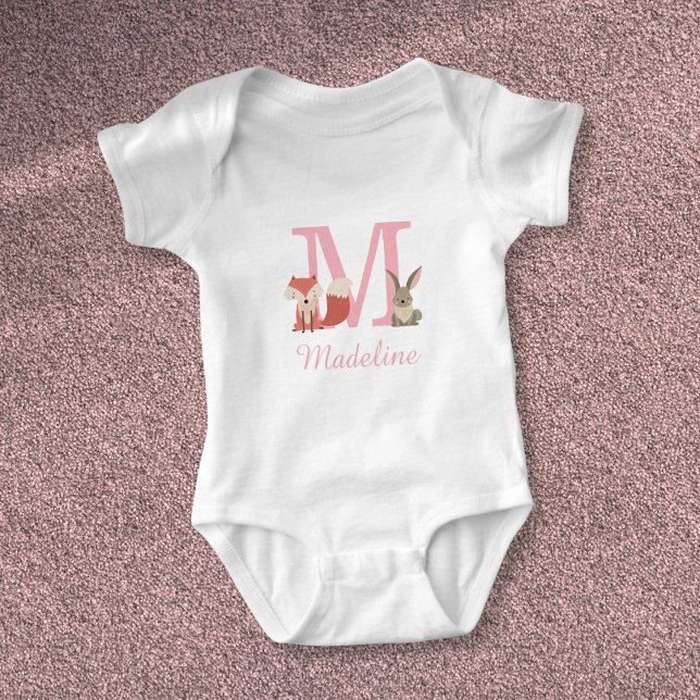 Cute Forest Woodland Animals Pink Monogram Baby Bodysuit (Cute Forest Woodland Animals Pink Monogram Baby Bodysuit)