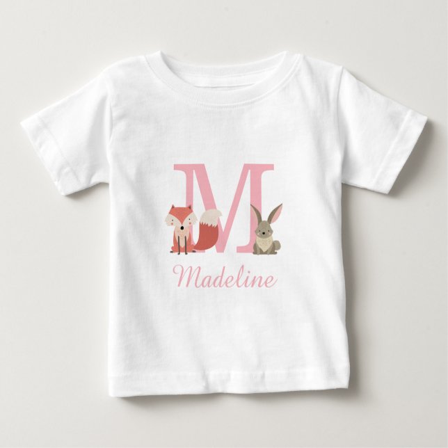 Cute Forest Woodland Animals Pink Monogram Baby T-Shirt (Front)