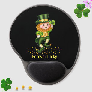Cute Forever Lucky Green Gnome on Black Gel Mouse Pad