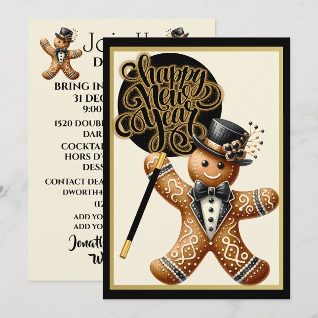 Cute Formal Gingerbread Man New Year's  Invitation (Front/Back)