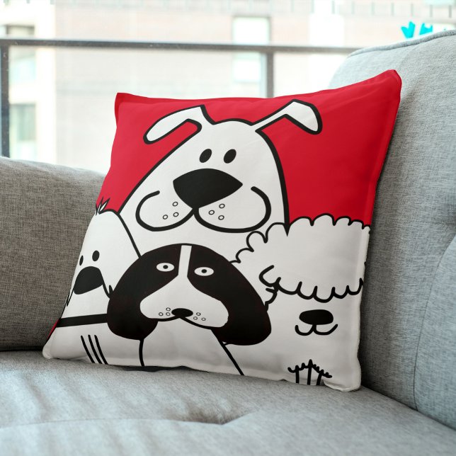 Cute Four Black and White Dog Doodles Cushion (Cute Four Black and White Dog Doodles Throw Pillow)