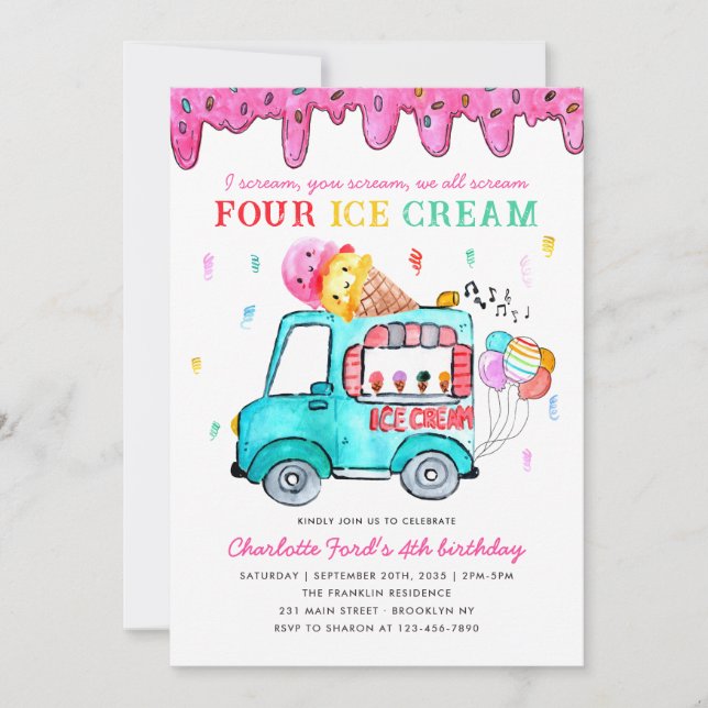 Cute Four Ice Cream Truck 4th Summer Kids Birthday Invitation (Front)