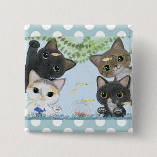Cute Four Medaka Cats 15 Cm Square Badge