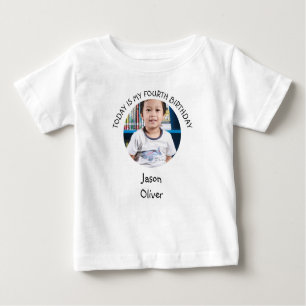 Cute Fourth Bday Name Round Photo Birthday Party Baby T-Shirt