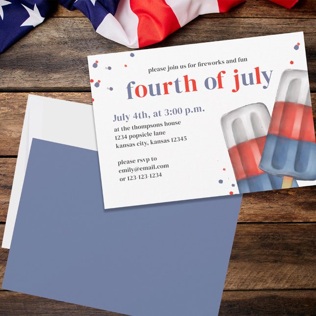 Cute Fourth of July Popsicle Party Invitation (Fourth of July party invitation with red, white, and blue popsicles. )
