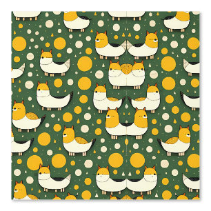 Cute Fox and Circle Pattern on Green Wallpaper