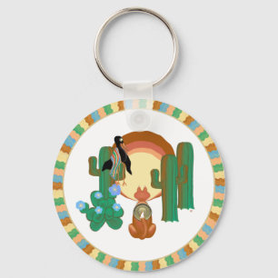 Cute Fox and Crow Best Friends Southwestern Design Key Ring