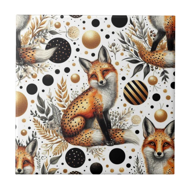 Cute Fox and Dots Seamless Ceramic Tile (Front)
