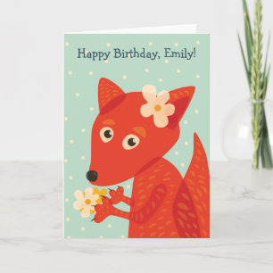 Cute Fox And Flowers Happy Birthday Name Card