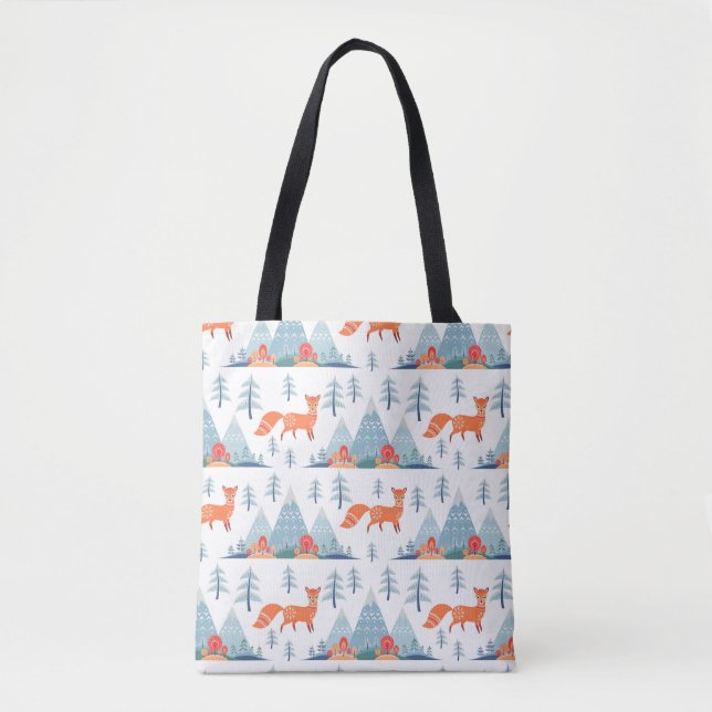Cute Fox and Mountains Pattern Illustration Tote Bag (Front)