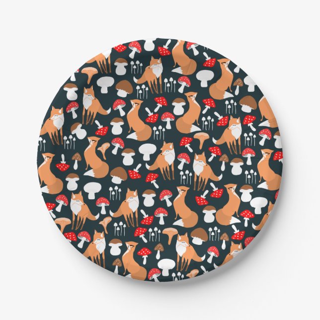 Cute Fox and Mushrooms Paper Plates (Front)