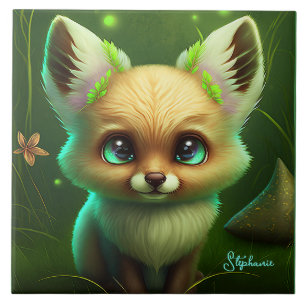 Cute Fox And Orange Flower Green Ceramic Tile