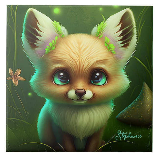 Cute Fox And Orange Flower Green Ceramic Tile (Front)