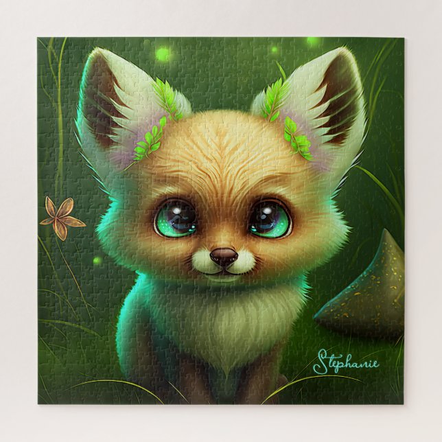 Cute Fox And Orange Flower Green Jigsaw Puzzle (Vertical)