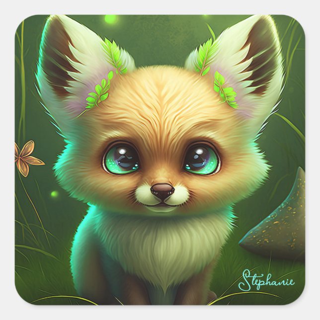 Cute Fox And Orange Flower Square Sticker (Front)