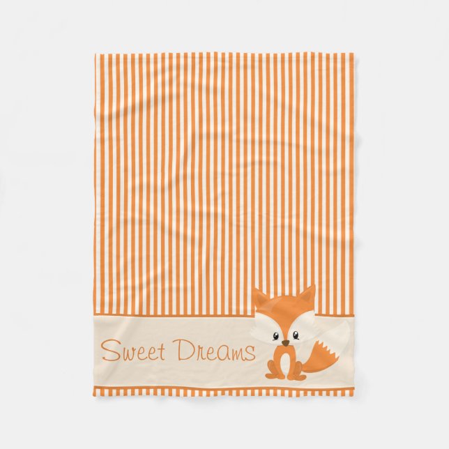 Cute Fox and Orange & Tan Stripes | Personalised Fleece Blanket (Front)