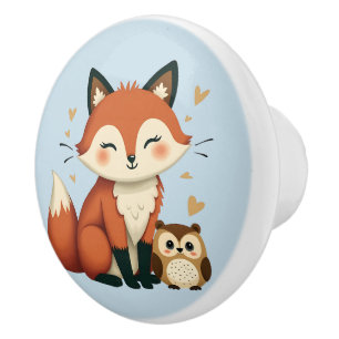Cute Fox and Owl Whimsical Woodland Illustration Ceramic Knob