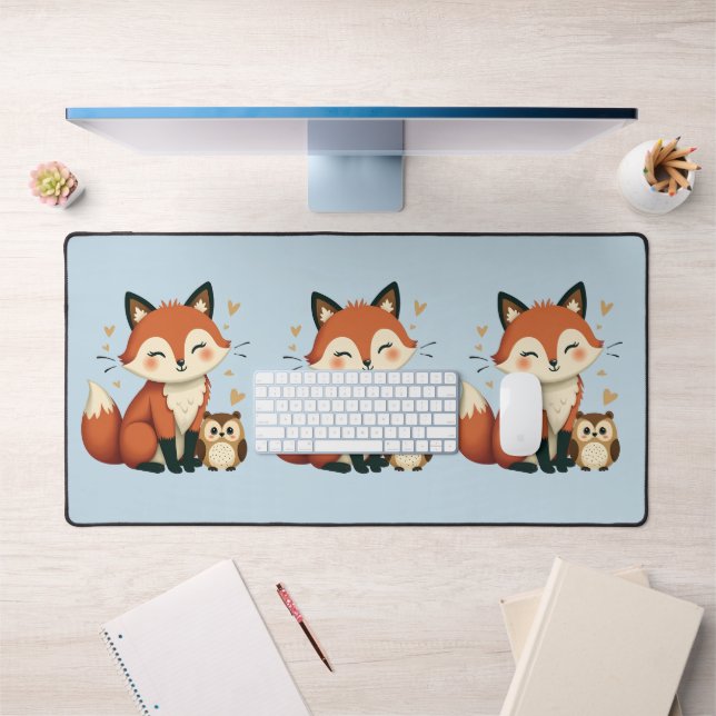 Cute Fox and Owl Whimsical Woodland Illustration Desk Mat (Office 1)