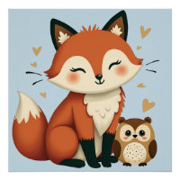 Cute Fox and Owl Whimsical Woodland Illustration